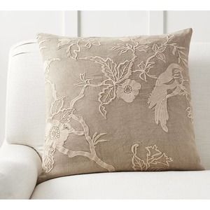 Pottery Barn Kelcie Pillow Cover Neutral 22 sq Embroidered Stonewash Birds Linen
